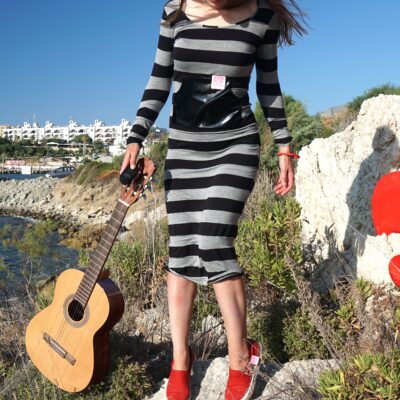 Striped long dress with pleather pocket