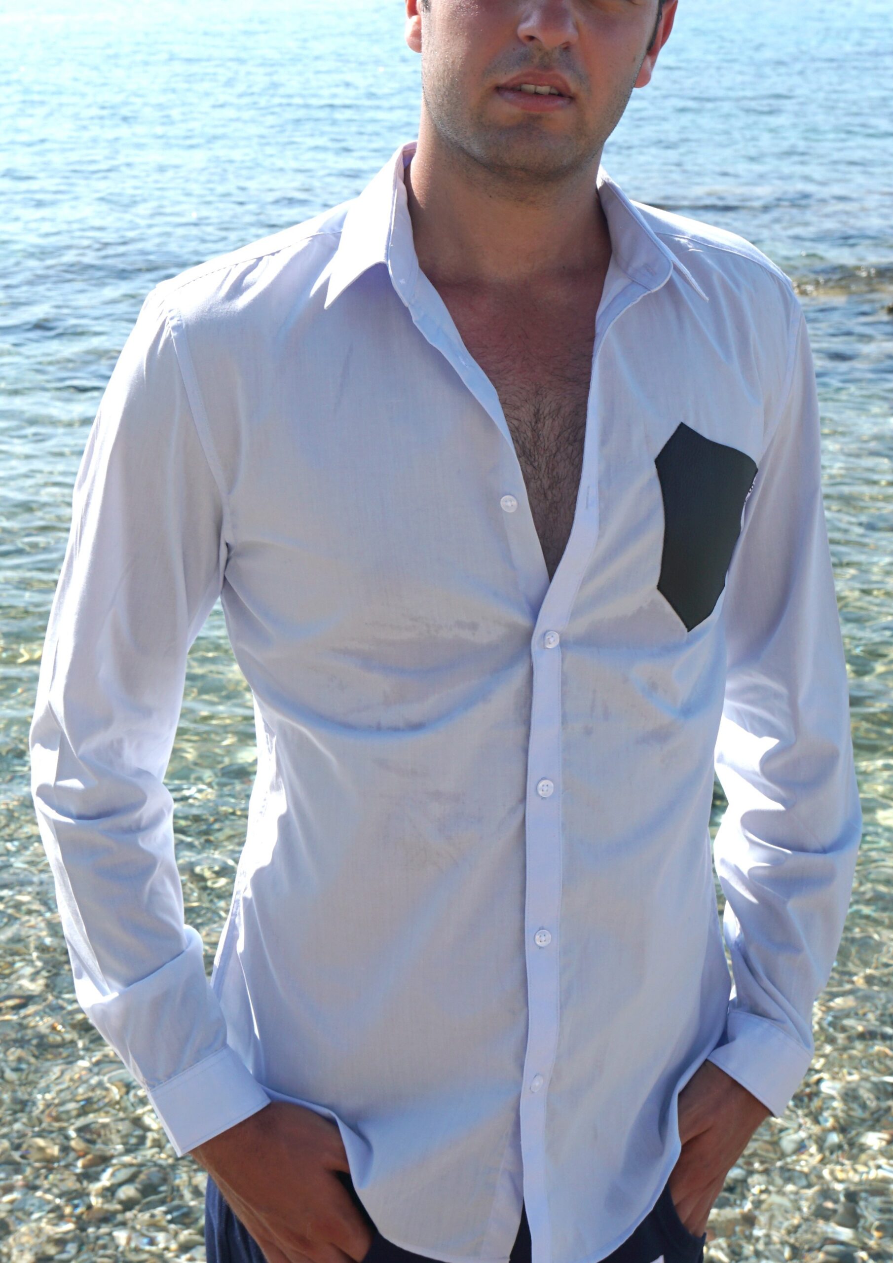 White shirt with black pocket